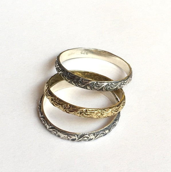 Three bands set, stacking bands trio, boho bands, Thin bands, Silver and brass bands, simple bands, stacking ring set of 3 - XOX R2381T