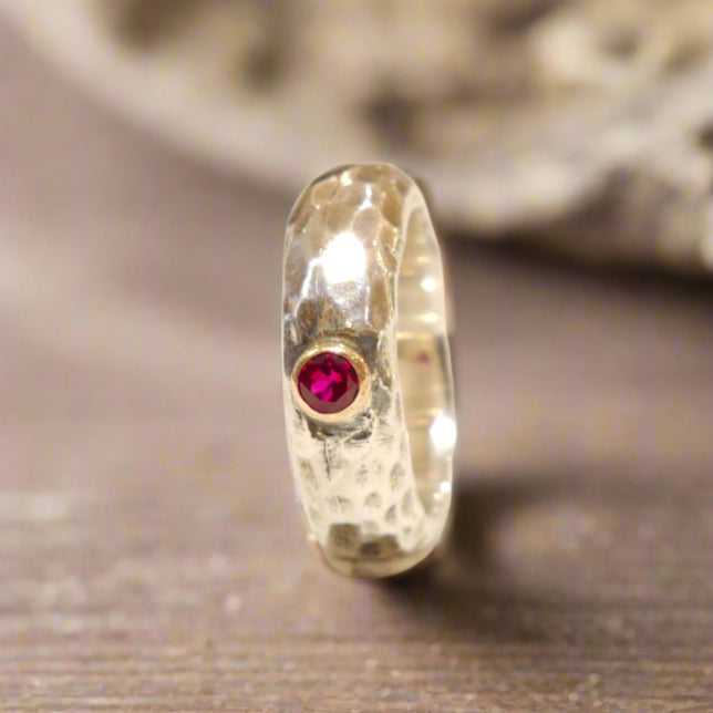 Ruby Hammered Silver Gold Ring - Clear Water.