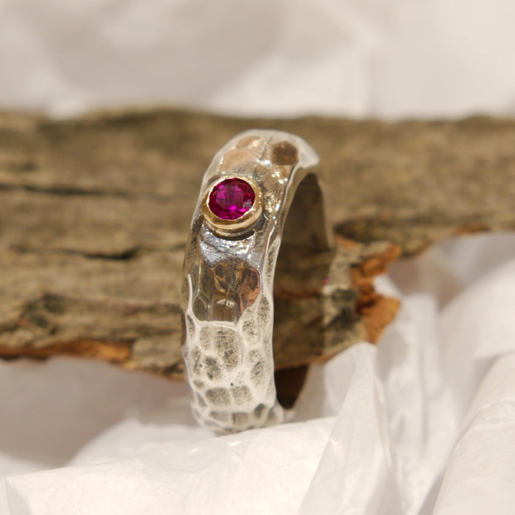 Ruby Hammered Silver Gold Ring - Clear Water R0900H