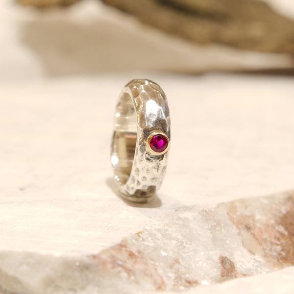 Ruby Hammered Silver Gold Ring - Clear Water R0900H