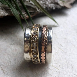 Yellow rose gold bands, Silver wedding ring, eternity ring, spinning band, clear zircon spinner, wide wedding band - We'll Be Together R2349