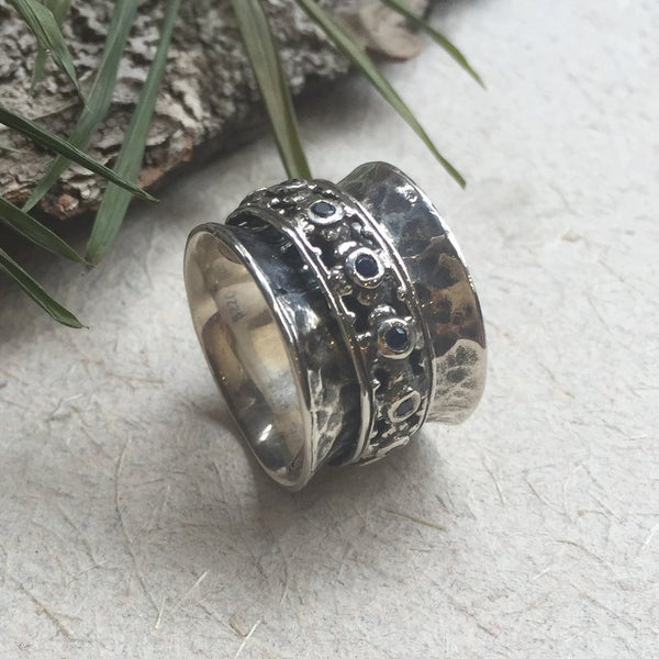 Blue sapphire ring, Silver wedding band, bohemian ring, gypsy ring, hippie ring, Unique band for her, shiny - New beginnings 4. R1149XZS