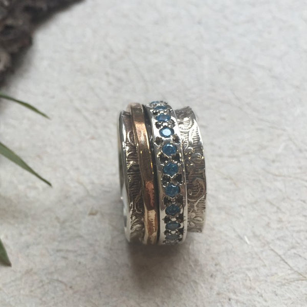 Spinners ring, Wide Silver band, Blue topaz ring, gold silver ring, boho spinning ring, wide wedding band  - Edge of the World R1209G-2