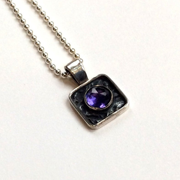 Square pendant, amethyst necklace, gypsy pendant, hippie necklace, minimalist silver boho necklace, amethyst pendant - Impression N2001-2