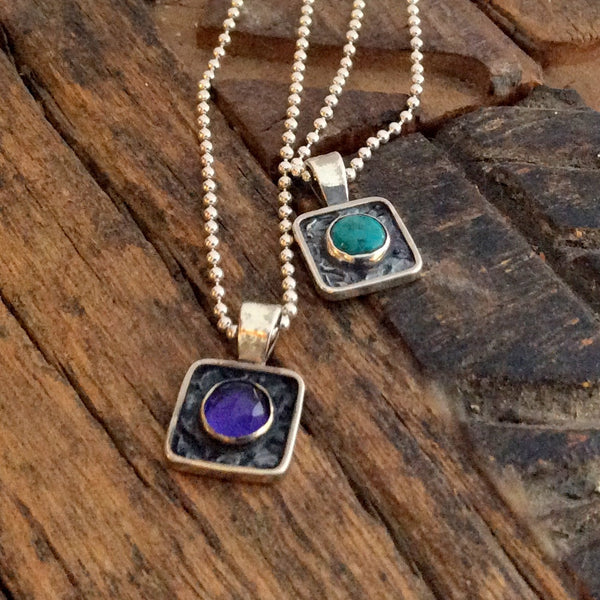 Square pendant, amethyst necklace, gypsy pendant, hippie necklace, minimalist silver boho necklace, amethyst pendant - Impression N2001-2