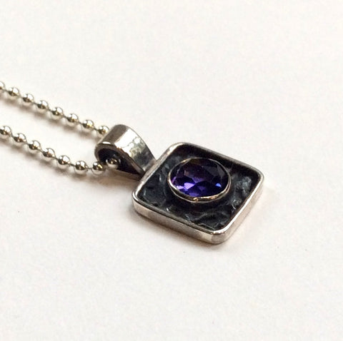 Square pendant, amethyst necklace, gypsy pendant, hippie necklace, minimalist silver boho necklace, amethyst pendant - Impression N2001-2