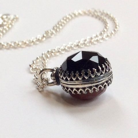 Sterling silver necklace, Onyx carnelian energy ball necklace, birthstones pendant, two sides pendant, floral pendant -  Be Loved N2006-3