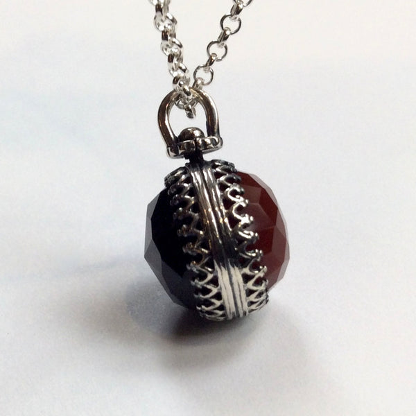 Sterling silver necklace, Onyx carnelian energy ball necklace, birthstones pendant, two sides pendant, floral pendant -  Be Loved N2006-3