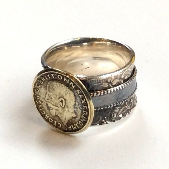 Coin ring, two-tone ring, tribal ring, silver ring, Spinner ring, bronze silver ring, hippie ring, boho ring - Till There Was You  R2338