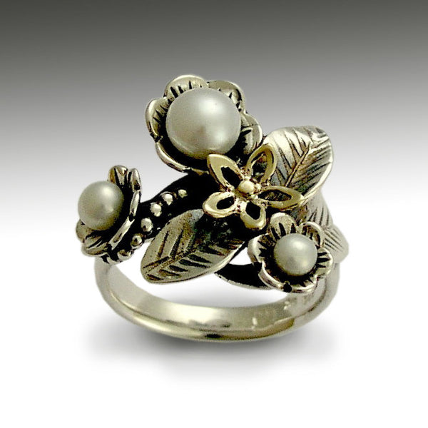 Pearl Engagement Ring, silver gold ring, floral ring, botanical ring, woodland ring, pearl ring, twig ring, leaf ring - Just flowers. R1696A