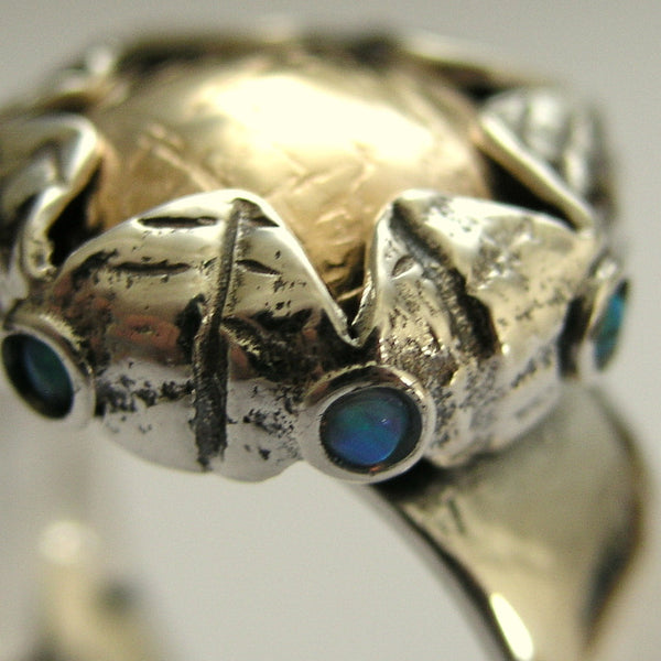 Sterling silver ring, gemstones ring, leaf ring, Tahitian ring, black pearl ring, blue opals ring, cocktail ring - Sleepless night R1693-2