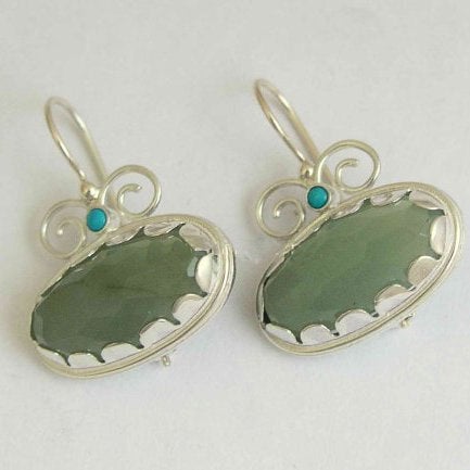 Green jade earrings, Sterling silver earrings, turquoise earrings, gemstone earrings, green stone earrings, oval earrings - Sweet love E7754