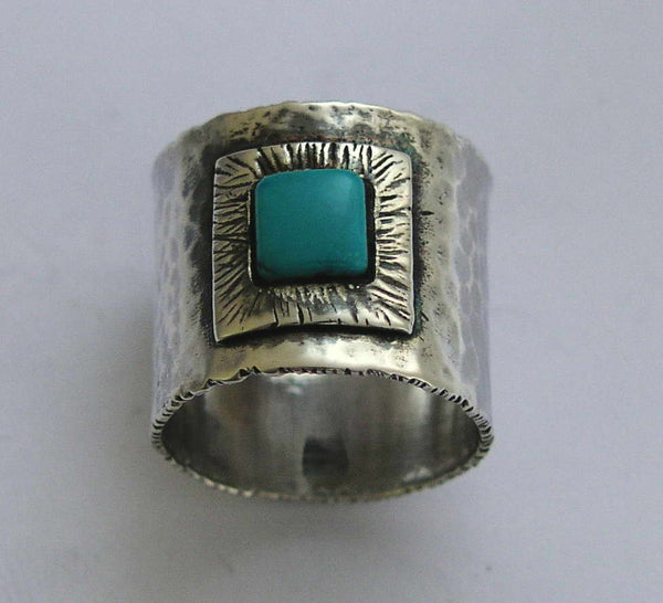 Turquoise ring, Wide oxidized band, unisex stone band, square gemstone ring, sterling silver ring, birthstone ring - Our destiny R1369C