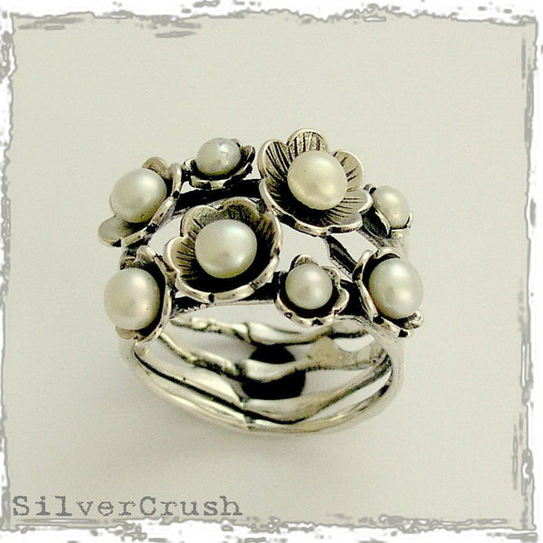 Floral Ring, sterling silver ring, botanical ring, fresh water pearls ring, June birthstone ring, multistones ring, flowers - Clueless R1687