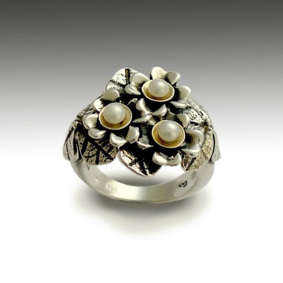 Flowers ring, Pearls ring, two tones ring, Sterling silver ring, silver yellow gold ring, floral ring, woodland ring - With you - R1689G