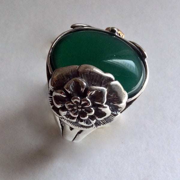 Forest green agate Ring, silver ring, silver gold ring, flower ring, nature ring, boho ring, statement ring, gypsy ring - Deep forest R2209