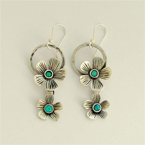 14K Yellow Gold Earrings, gold gemstone earrings, floral earrings, coral turquoise earrings, dangle earrings - Coral Flower. EG2133