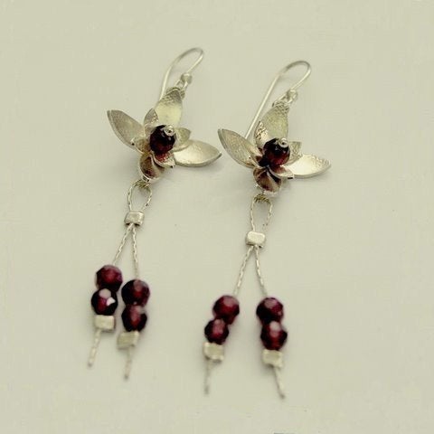 Garnet earrings, Flower earrings, dangle earrings, floral earrings, long hook earrings, sterling silver earrings - Hanging Orchid E7890A-2