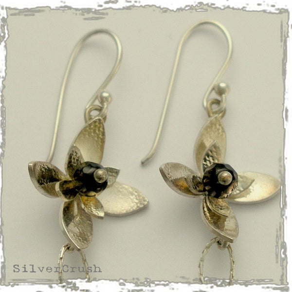 Garnet earrings, Flower earrings, dangle earrings, floral earrings, long hook earrings, sterling silver earrings - Hanging Orchid E7890A-2