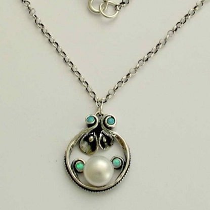 Blue opal stones silver botanical pearl pendant, casual necklace