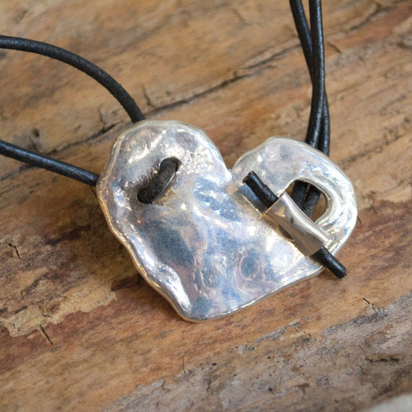 Silver heart necklace, Heart pendant, sterling silver necklace, black leather cord necklace, valentines - You pull my heart strings N8941