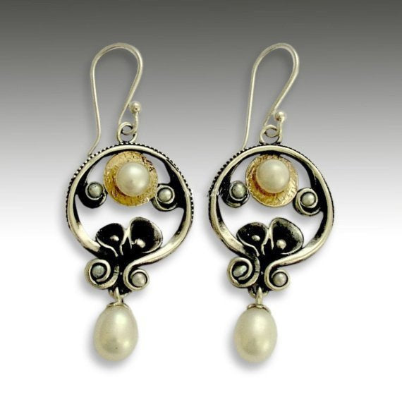 Sterling silver earrings, fresh water pearl earrings, silver gold earrings, oxidized earrings, chandelier earrings - Make a wish E2151G