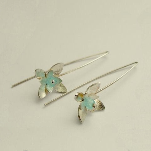 Sterling silver earrings, flower shaped earrings, long hook earrings, blue quartz earrings, floral earrings, dangle - Hanging Flower E7890