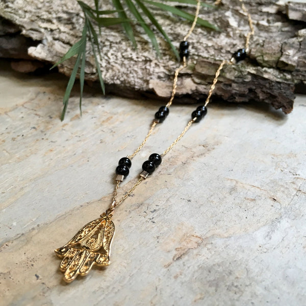 Hamsa gold filled necklace, Onyx Necklace, gemstone necklace, hand of Fatima necklace, charm pendant, filigree charm - A place to love N2029