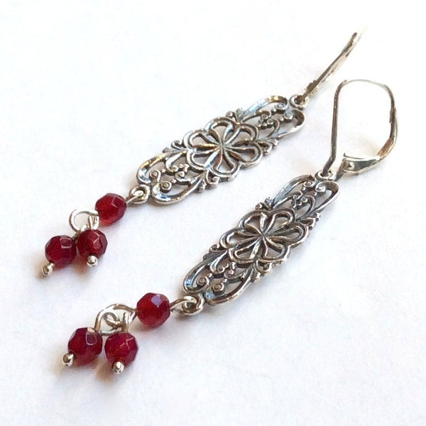 Sterling silver earrings, drop garnet earrings, boho earrings, filigree earrings, gypsy earrings, hippie earrings - In your arms - E8030