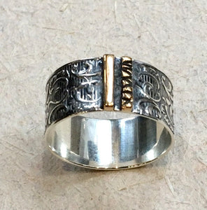 Mens and Womens band, Silver gold matching bands, botanical band, wide ring, woodland band, unisex band, floral band - Voyage 2  R2367