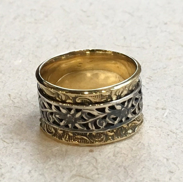 Unisex spinner ring, Boho jewelry, silver brass Spinner Ring,  Filigree Ring, Wide Band, simple Silver Ring, botanical - A way to you R2368