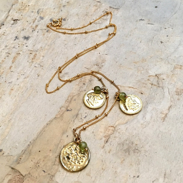Gold coins necklace, charm pendant, green quartz Necklace, gemstone necklace, gold filled necklace, delicate chain - A place for two N2030