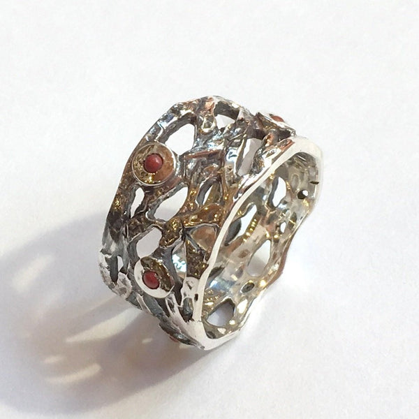 Wide ring, tribal Band, sterling silver band, red coral ring, Tibetan ring, multistone ring, mothers ring, thumb ring - Spice girl R1378