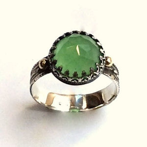 Jade ring, gemstone ring, Sterling silver ring, SIilver gold ring, textured band, Boho jewelry, green ring, crown ring - Dark night R2112
