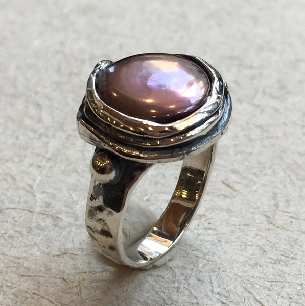 Black Pearl Ring,  silver ring, oxidised ring, hammered ring, statement cocktail ring, Coin pearl engagement ring - Vanilla ice R1470-15