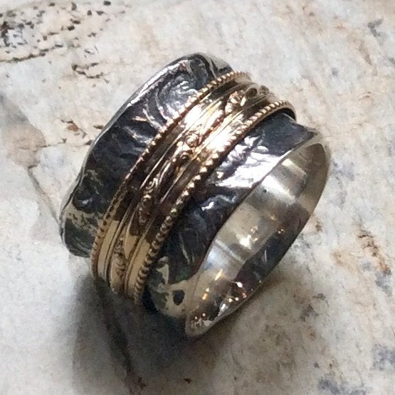 Sterling silver band, meditation ring, stacking band, gold spinner ring, wide silver ring, unisex band, boho chic ring - Discover me R2343