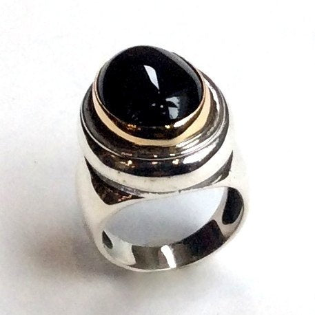 Onyx ring, black Gemstone ring, Silver gold ring, statement ring, cocktail ring, chunky ring, birthstone ring, bohemian ring - Ebony R2348