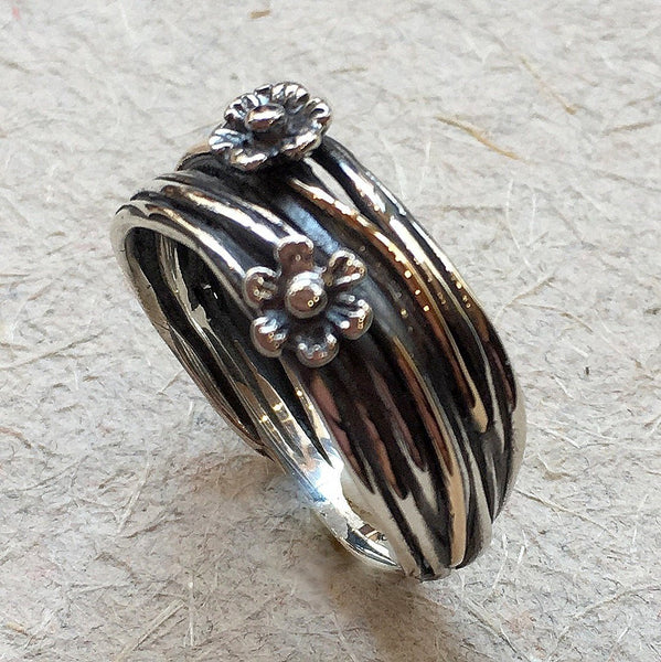 Sterling silver band, wire wrap band, oxidised band, floral band, boho ring, bohemian ring, floral ring, simple band - Two Flowers R2372