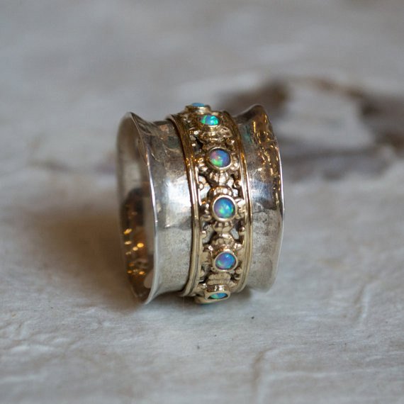 Sterling silver ring, silver band, Floral spinner band, blue opals ring, wedding band, stones ring, Opals ring - New beginnings R1149XS