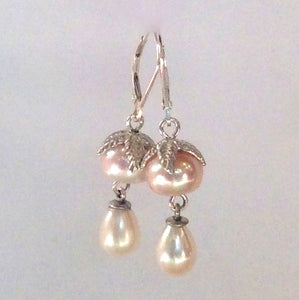 Peach pearl earrings, woodland earrings, leaf earrings, Chandelier earrings, dangle drop earrings, drop earrings - All night long E8035