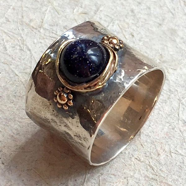 Boho Silver gold blue gold stone ring