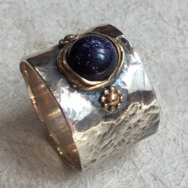 Bohemian Silver gold blue goldstone wide ring