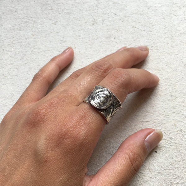 Sterling Silver Ring, coin ring, unisex ring, oxidized ring, cocktail ring, coin ring, wide band, biker ring, rustic - Kind of magic R2378