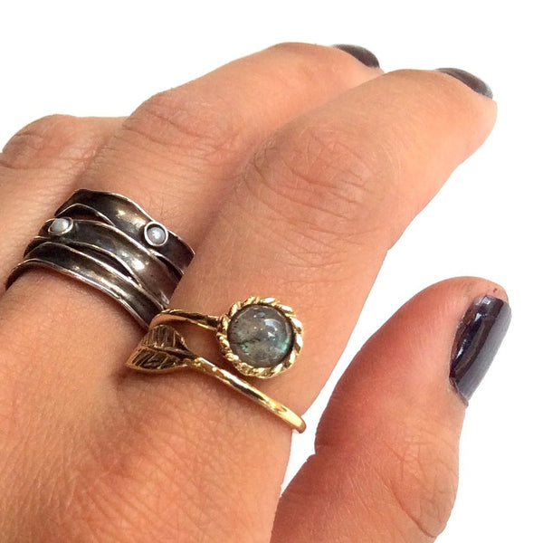 Labradorite ring, gold leaf ring, gemstone ring, stacking ring, Thin ring, Golden brass ring, adjustable ring - Gone with the wind RK2062-6