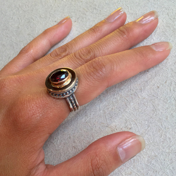 Garnet ring, Silver Gold ring, gemstone ring, yellow gold ring, statement ring, mixed metal ring, Gemstone ring -  Almost paradise R0928X