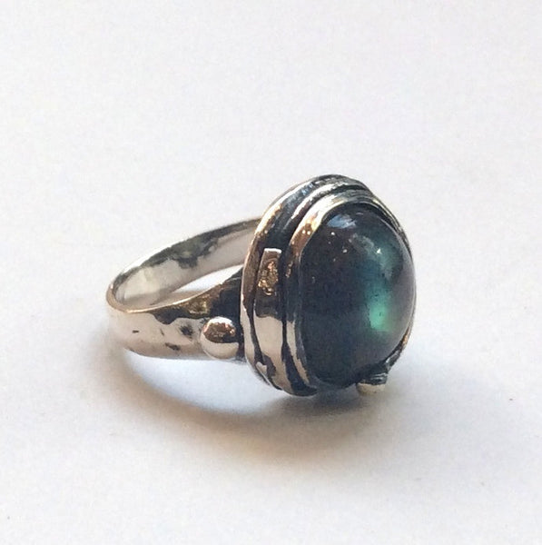 Labradorite ring, Sterling silver ring, green gemstone ring, oxidized ring, organic statement ring, cocktail ring - Notorious Wind R1470-12