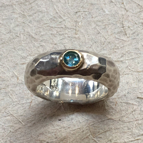 Wedding band, Blue topaz band, hammered band, silver gold ring, unisex band, shiny band, simple band, engagement ring  - Clear water R0900H