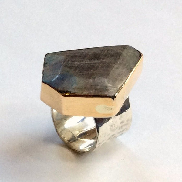 Labradorite ring, wide silver band, large stone ring, silver gold ring, modern ring, boho ring, engagement ring, OOAK - Keep smiling R2357