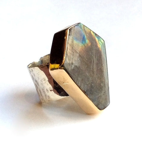 Labradorite ring, wide silver band, large stone ring, silver gold ring, modern ring, boho ring, engagement ring, OOAK - Keep smiling R2357