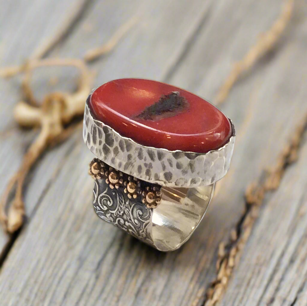 Red coral ring, wide silver band, modern ring, large stone ring, boho ring, silver gold ring, engagement ring, OOAK - You know me R2358